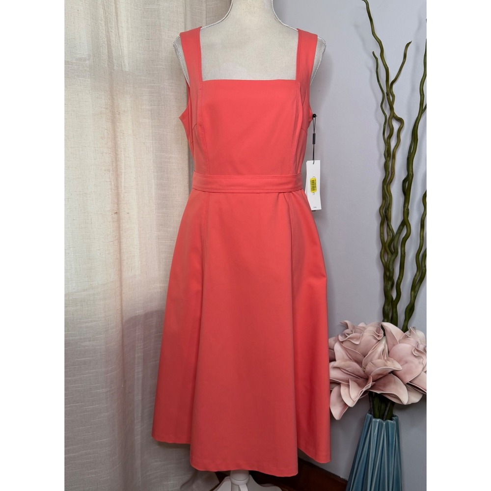 NWT Calvin Klein Sleeveless Square Neck Belted Midi Dress Coral Pink Women's 10